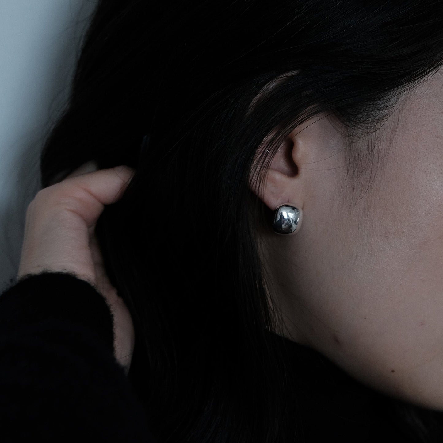 Sterling Silver Squared Dome Earring | Huggie Chrome Hoop Earrings